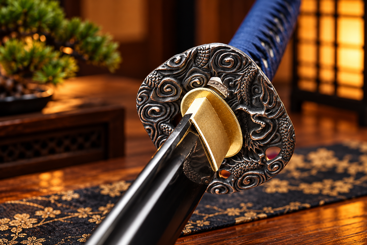 Black Samurai Japanese Katana Sword with ornate dragon-style guard, navy-blue and white wrapped handle, polished silver-tone blade, and glossy red scabbard displayed on a wooden stand.