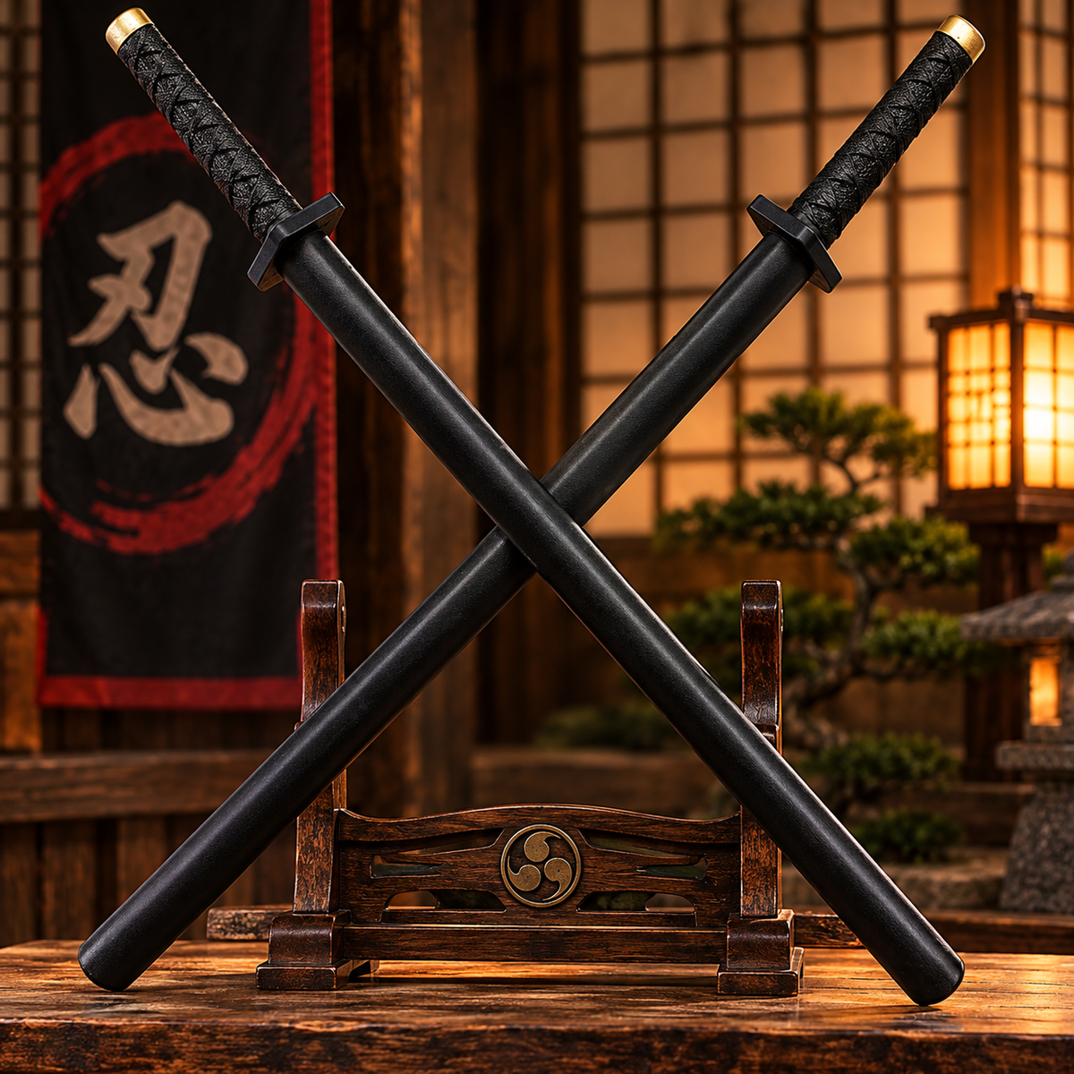 Two-piece black ninja cosplay sword set featuring textured handles, dark guards, gold-tone accents, and matching black scabbards, ideal for Halloween costumes, samurai-themed cosplay, and fantasy collections.