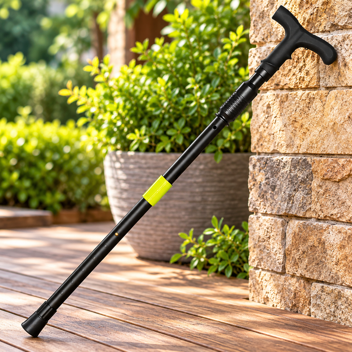 Adjustable black walking cane with ergonomic T-shaped handle, telescopic shaft, bright yellow-green accent ring, and durable rubber tip against a natural outdoor background.
