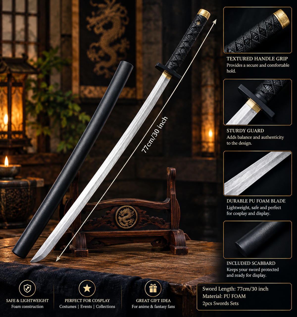 Two-piece black ninja cosplay sword set featuring textured handles, dark guards, gold-tone accents, and matching black scabbards, ideal for Halloween costumes, samurai-themed cosplay, and fantasy collections.