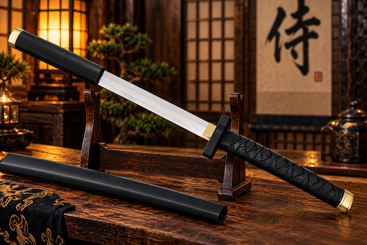 Two-piece black ninja cosplay sword set featuring textured handles, dark guards, gold-tone accents, and matching black scabbards, ideal for Halloween costumes, samurai-themed cosplay, and fantasy collections.