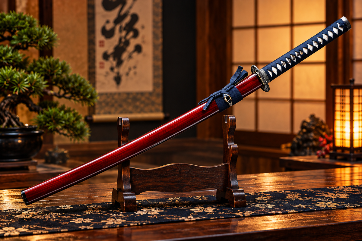 Black Samurai Japanese Katana Sword with ornate dragon-style guard, navy-blue and white wrapped handle, polished silver-tone blade, and glossy red scabbard displayed on a wooden stand.