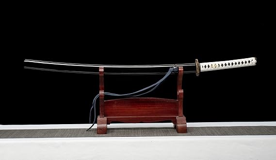 41-inch Japanese-style katana sword featuring a blue-finish blade, white cord-wrapped handle, ornate gold-tone guard, and matching black scabbard displayed on a wooden stand.