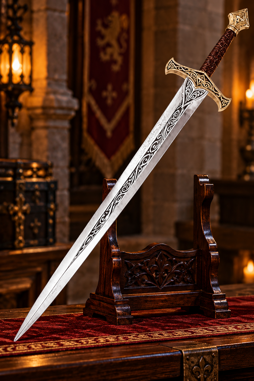 33.5-inch medieval foam sword with a decorative silver blade, ornate gold-tone guard, textured black handle, and elegant fantasy styling for cosplay costumes, medieval events, and themed collections.