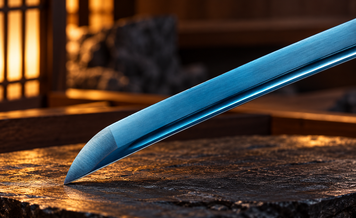41-inch Japanese-style katana sword featuring a blue-finish blade, white cord-wrapped handle, ornate gold-tone guard, and matching black scabbard displayed on a wooden stand.