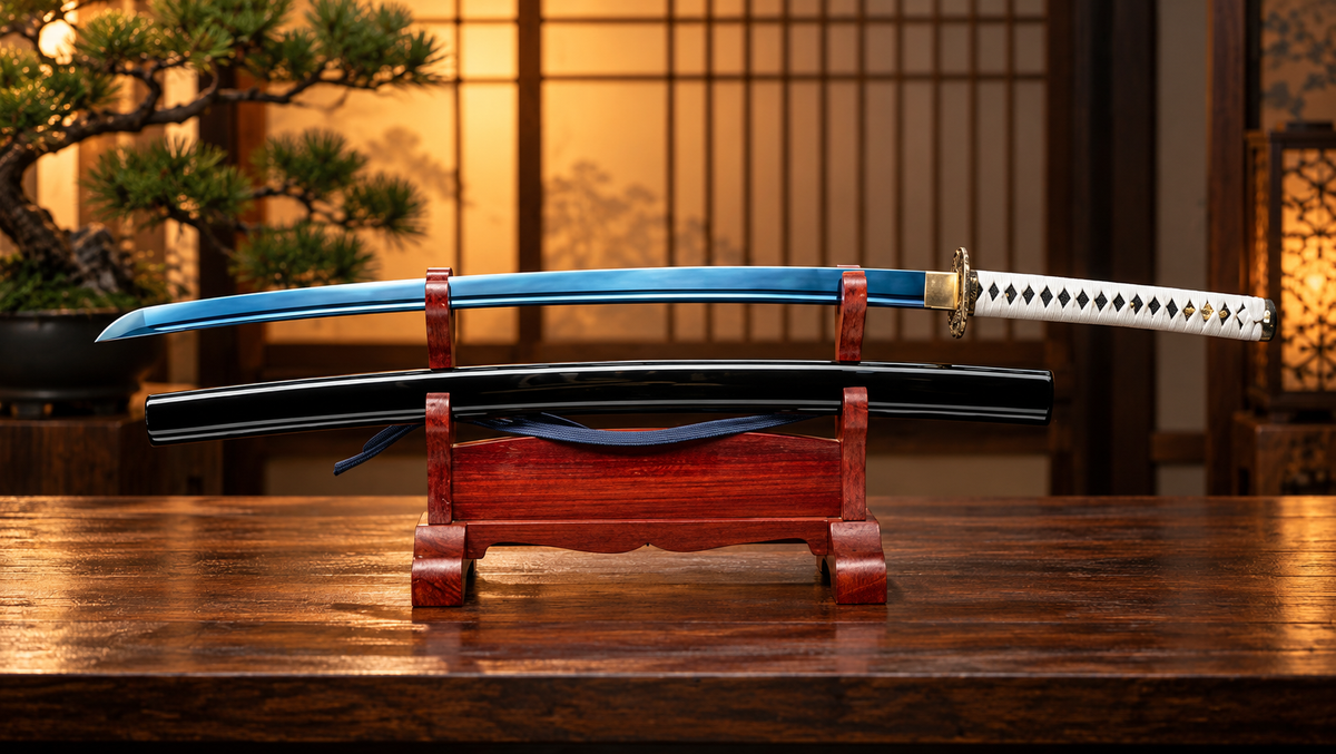 41-inch Japanese-style katana sword featuring a blue-finish blade, white cord-wrapped handle, ornate gold-tone guard, and matching black scabbard displayed on a wooden stand.
