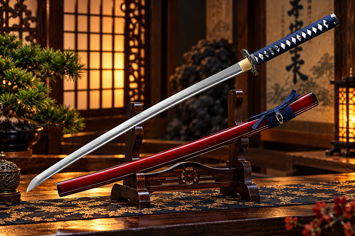 Black Samurai Japanese Katana Sword with ornate dragon-style guard, navy-blue and white wrapped handle, polished silver-tone blade, and glossy red scabbard displayed on a wooden stand.