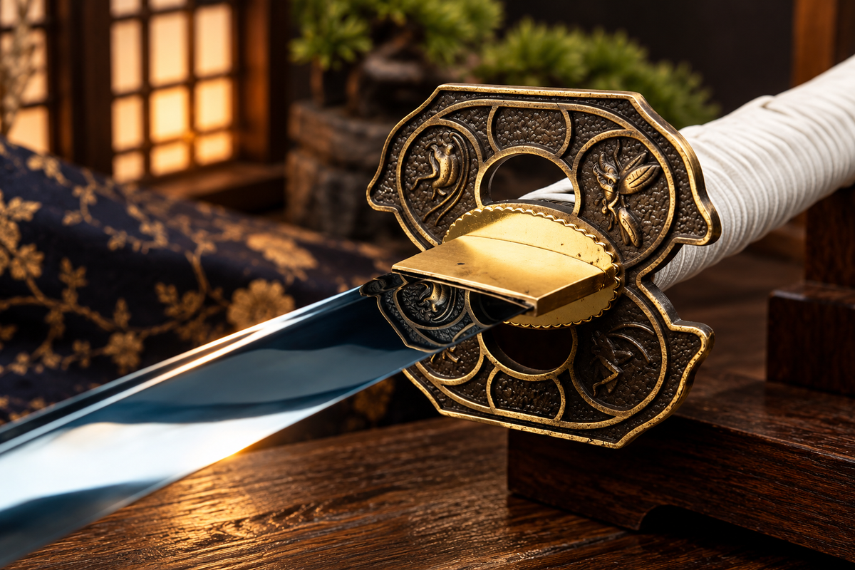 41-inch Japanese-style katana sword featuring a blue-finish blade, white cord-wrapped handle, ornate gold-tone guard, and matching black scabbard displayed on a wooden stand.