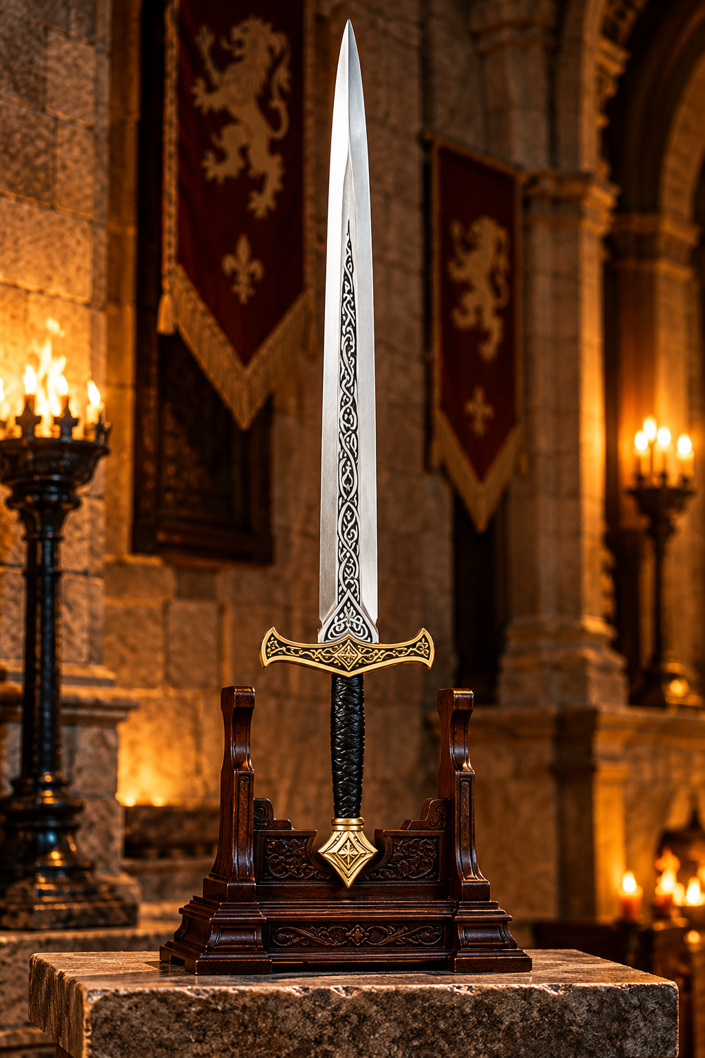 33.5-inch medieval foam sword with a decorative silver blade, ornate gold-tone guard, textured black handle, and elegant fantasy styling for cosplay costumes, medieval events, and themed collections.