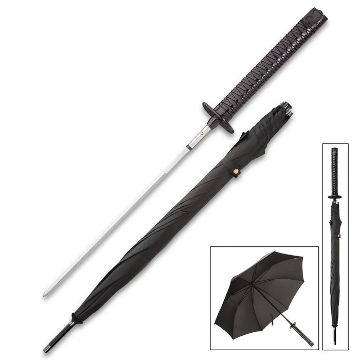 Black Umbrella Sword with Hidden Blade Stainless Steel Sword Cane
