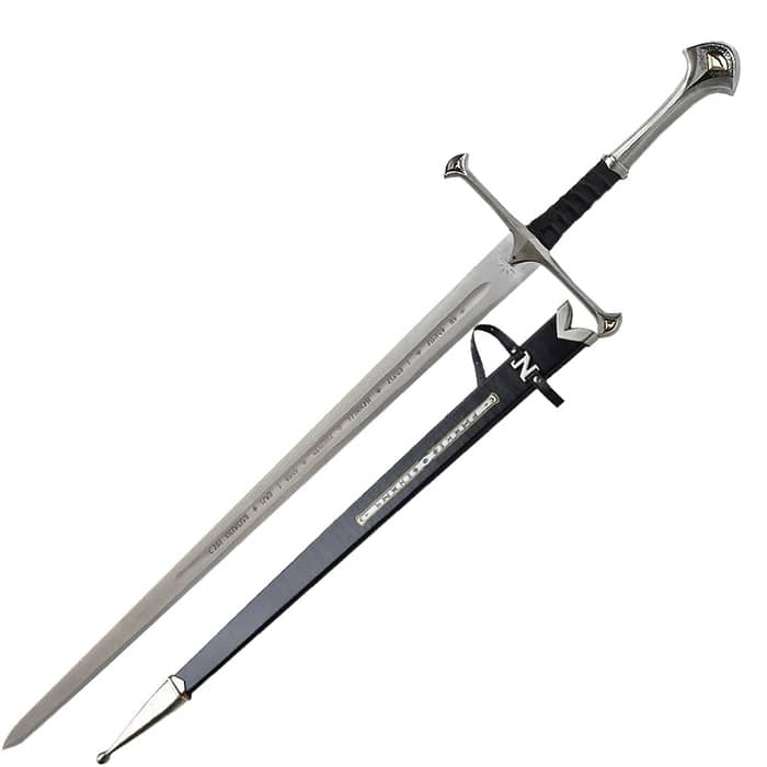 Andúril Sword Flame of the West replica from The Lord of the Rings featuring Aragorn's engraved blade and ornate medieval-style hilt.