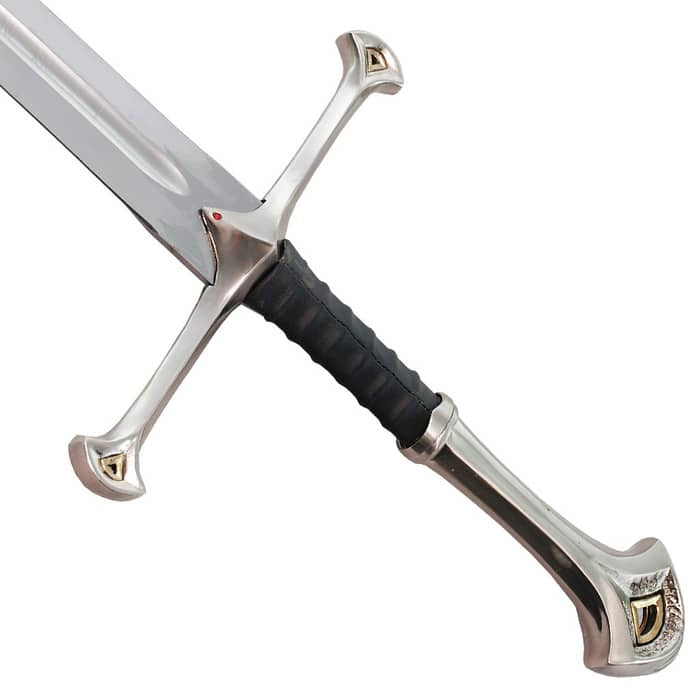 Andúril Sword Flame of the West replica from The Lord of the Rings featuring Aragorn's engraved blade and ornate medieval-style hilt.