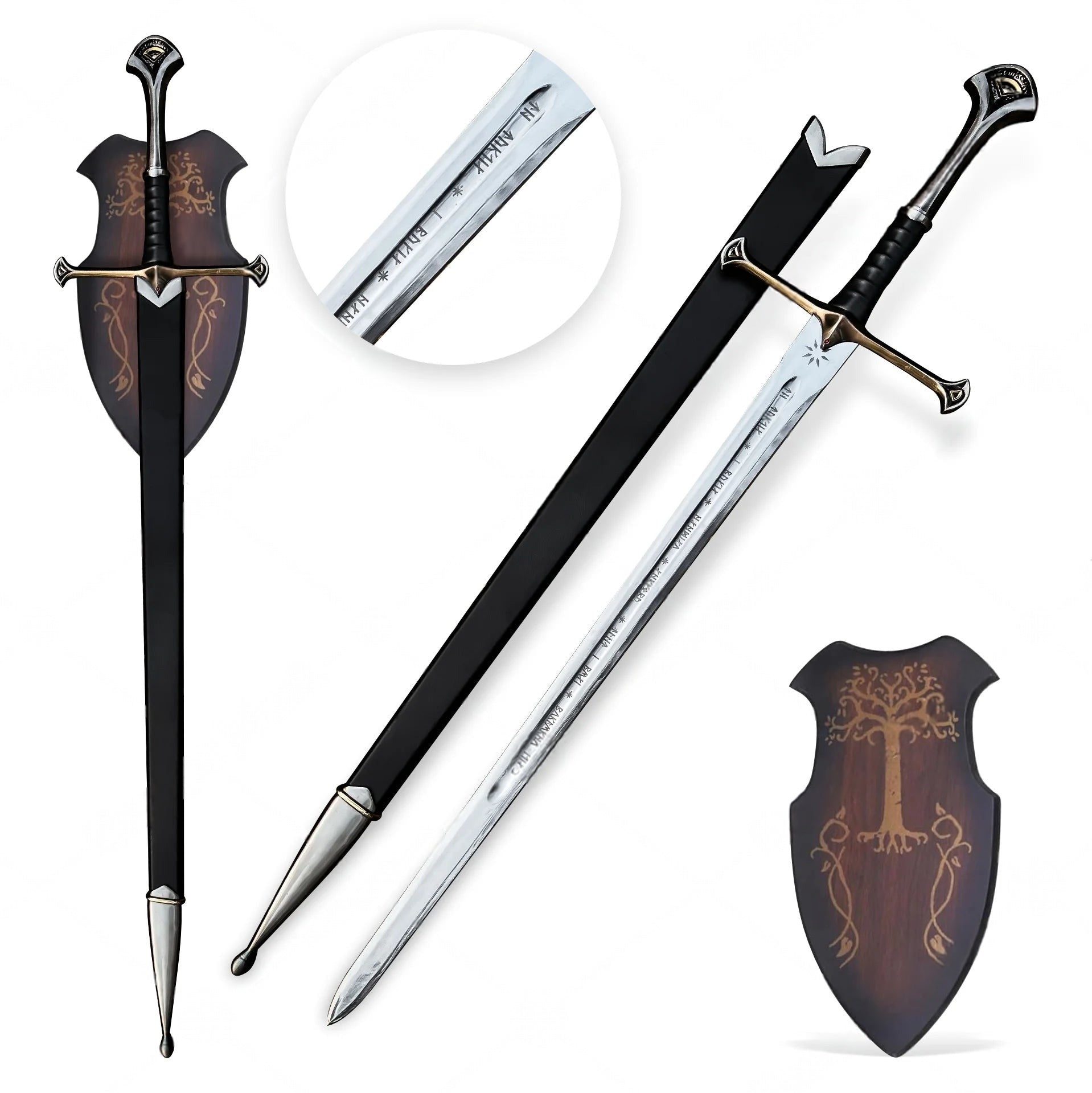 Andúril Sword Flame of the West replica from The Lord of the Rings featuring Aragorn's engraved blade and ornate medieval-style hilt.