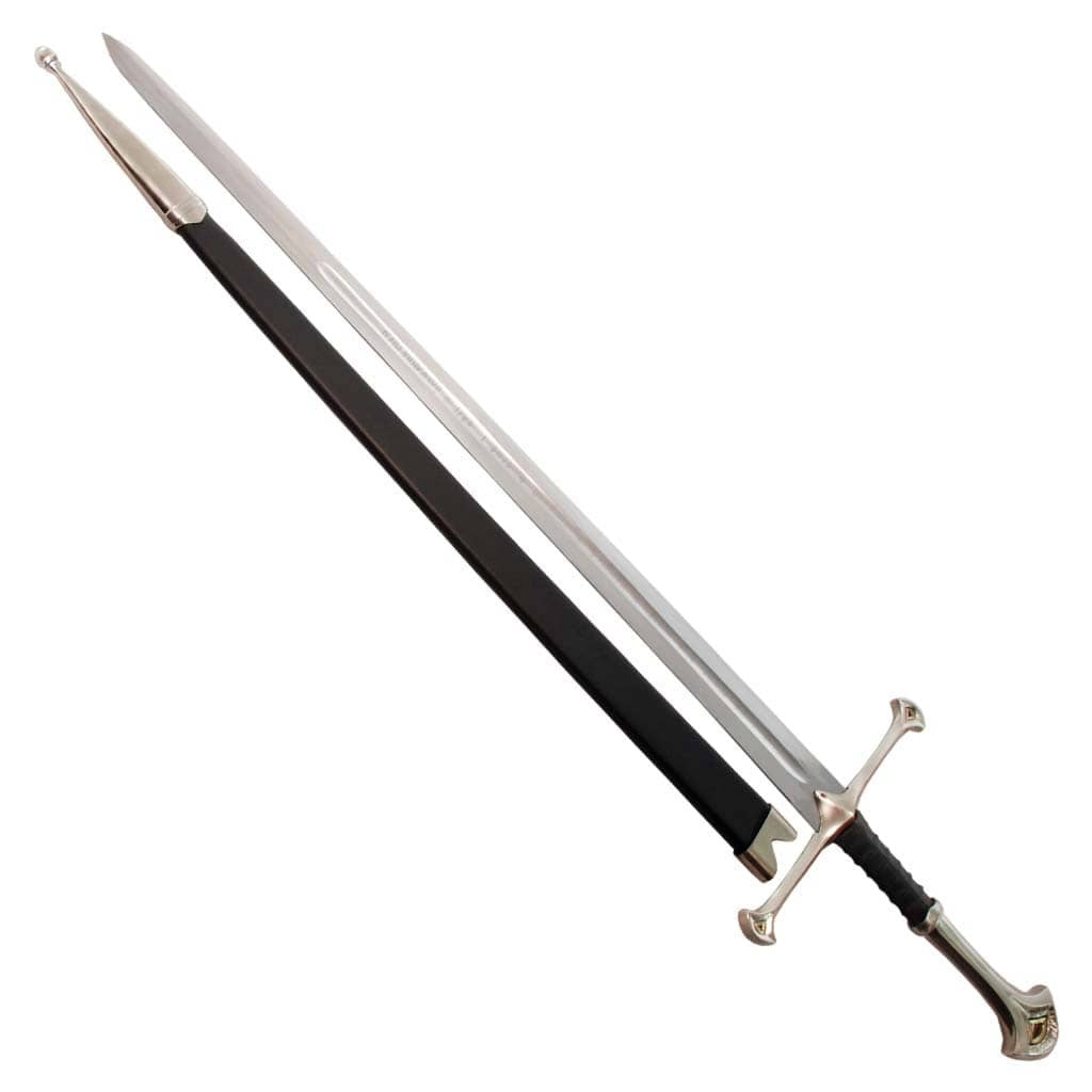 Andúril Sword Flame of the West replica from The Lord of the Rings featuring Aragorn's engraved blade and ornate medieval-style hilt.