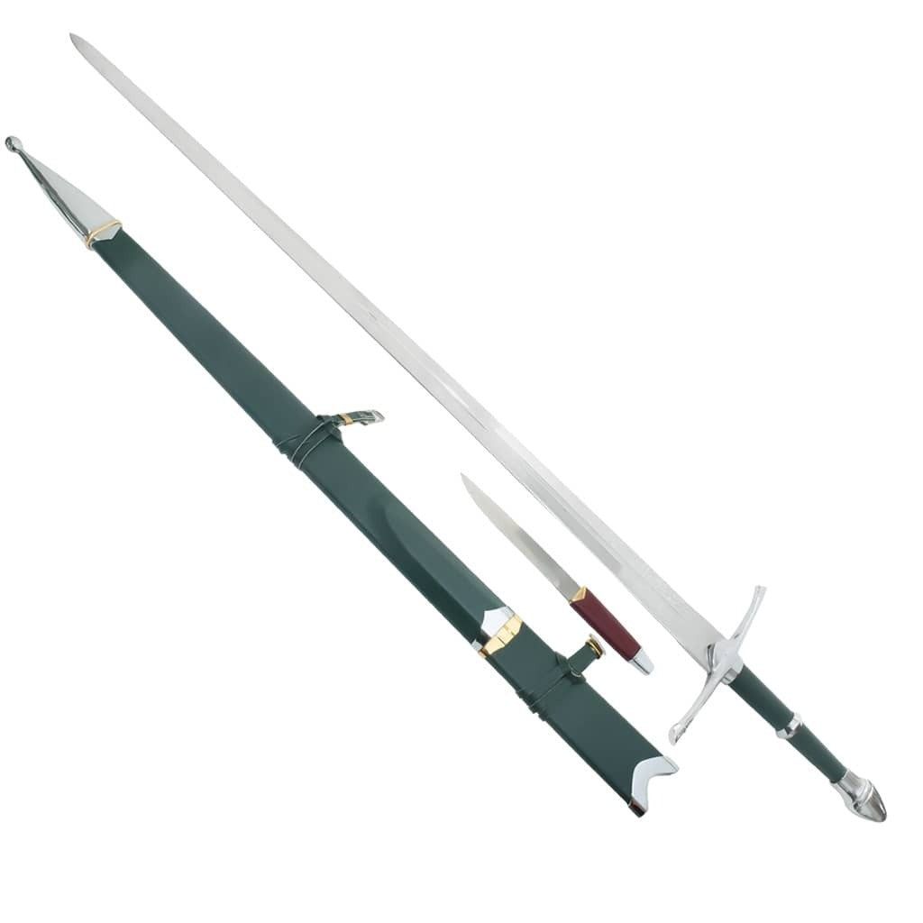Aragorn Strider Ranger sword replica from The Lord of the Rings with a matching ranger knife and medieval-style design.