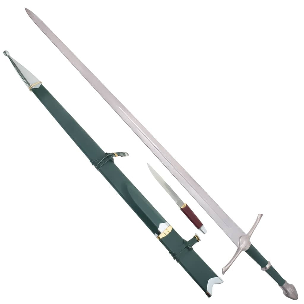 Aragorn Strider Ranger sword replica from The Lord of the Rings with a matching ranger knife and medieval-style design.