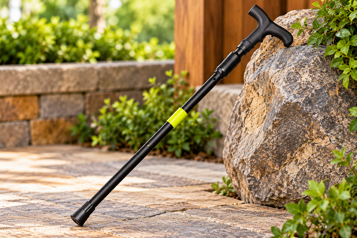 Adjustable black walking cane with ergonomic T-shaped handle, telescopic shaft, bright yellow-green accent ring, and durable rubber tip against a natural outdoor background.