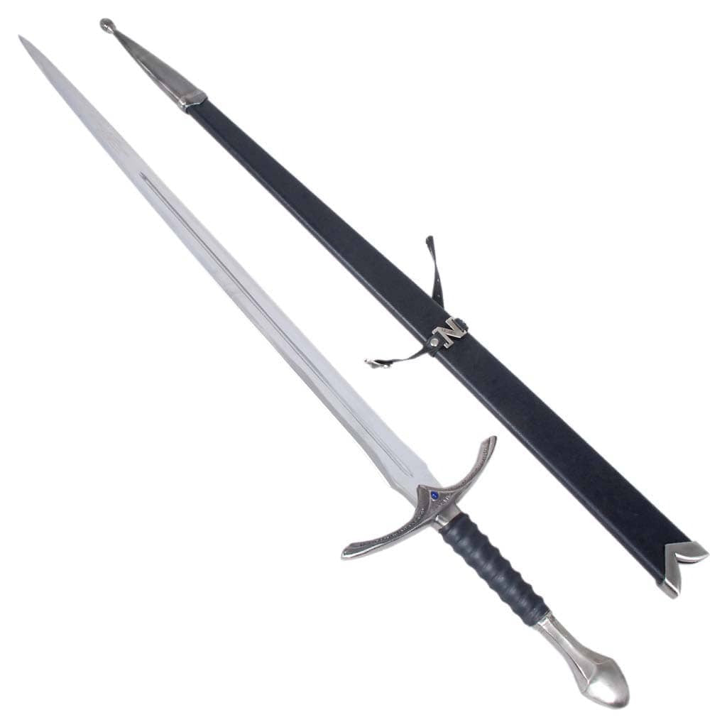 Glamdring sword replica from The Lord of the Rings featuring Gandalf's engraved Elven blade and ornate silver hilt.