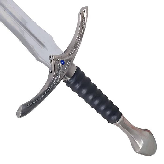 Glamdring sword replica from The Lord of the Rings featuring Gandalf's engraved Elven blade and ornate silver hilt.