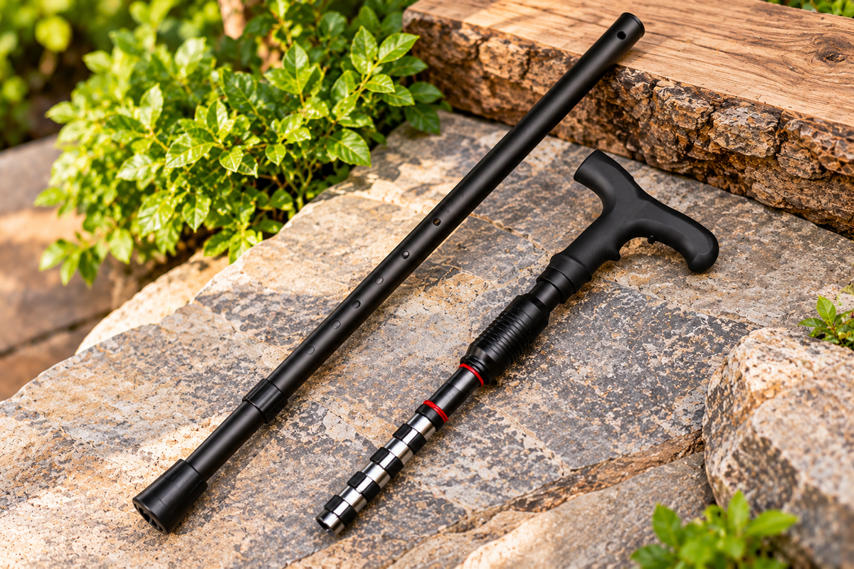 Adjustable black walking cane with ergonomic T-shaped handle, telescopic shaft, bright yellow-green accent ring, and durable rubber tip against a natural outdoor background.