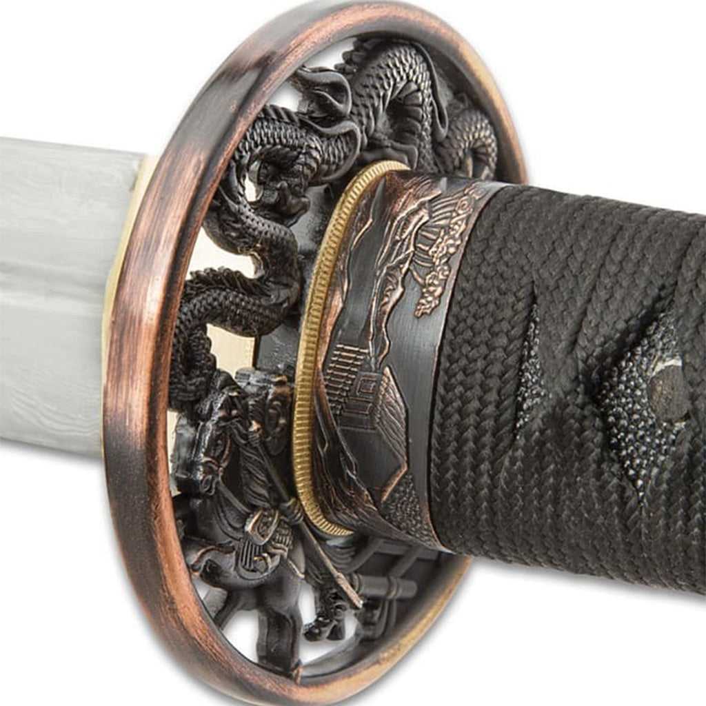 Dragon Lord handmade katana featuring a double-edged Damascus steel blade with a traditional samurai-style design.