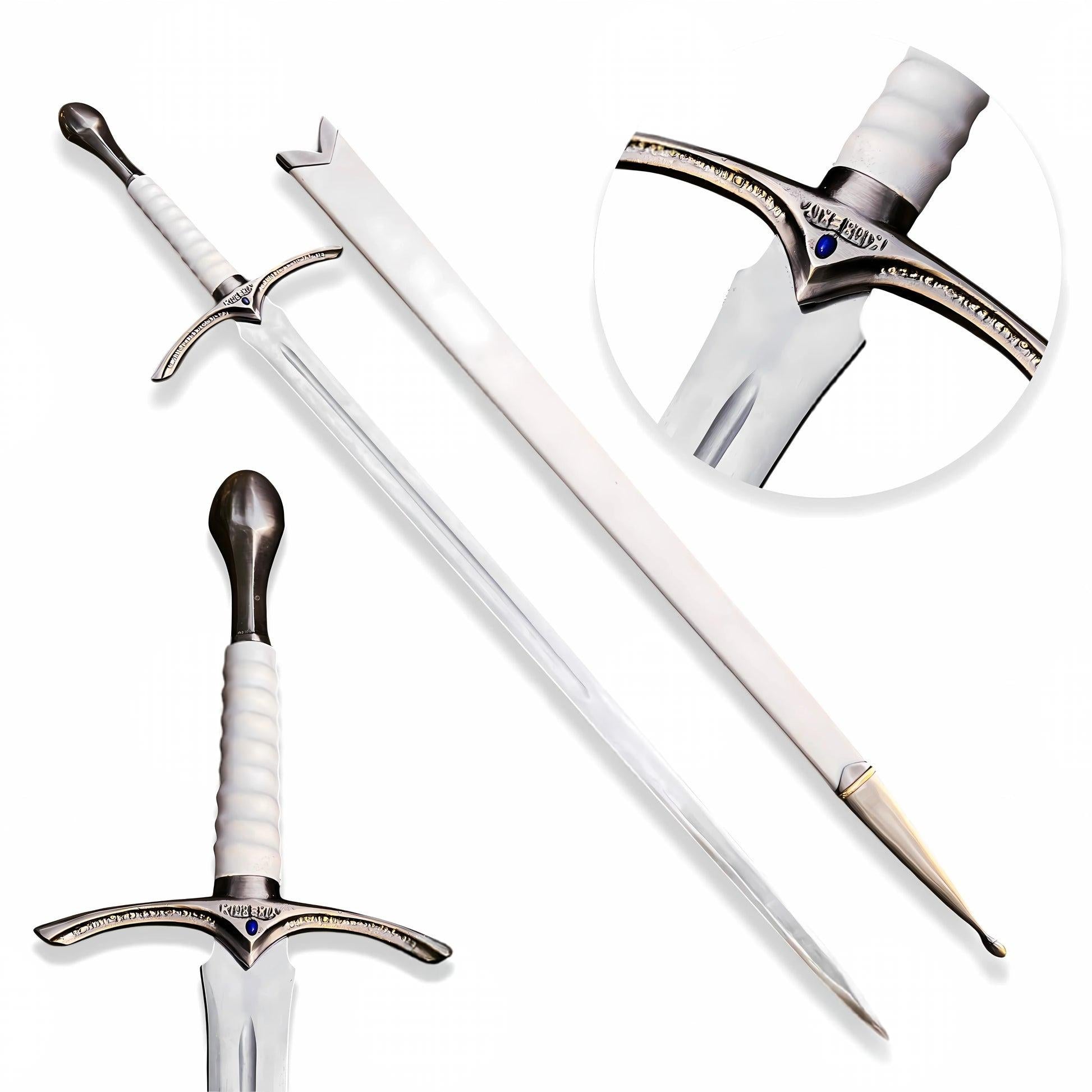 Glamdring sword replica from The Lord of the Rings featuring Gandalf's engraved Elven blade and ornate silver hilt.