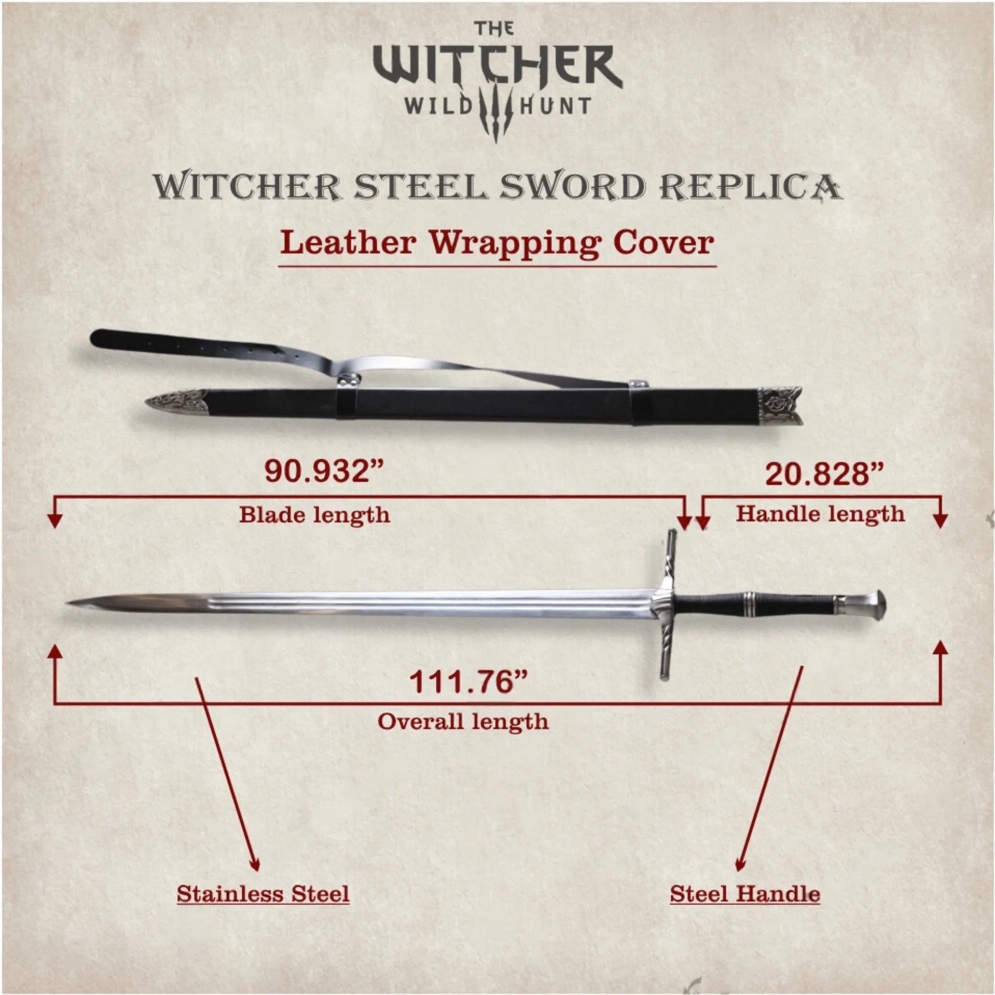 Geralt of Rivia Steel Sword | The Witcher 3 Replica with Free Leather Scabbard – 44"