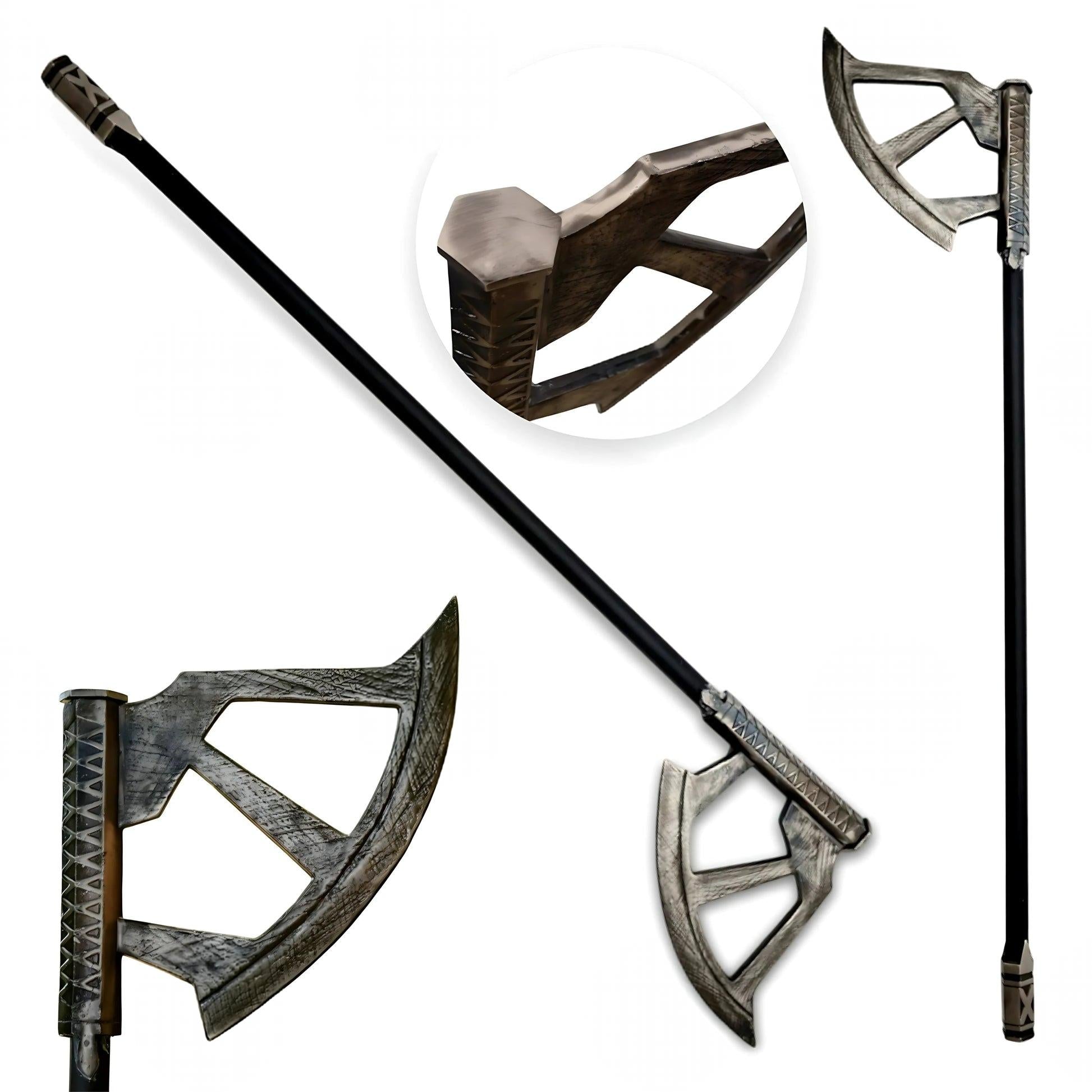 A long black-handled axe or mace with a weathered silver-gray metal head, shown from multiple angles on a white background, including a circular inset close-up of the head.