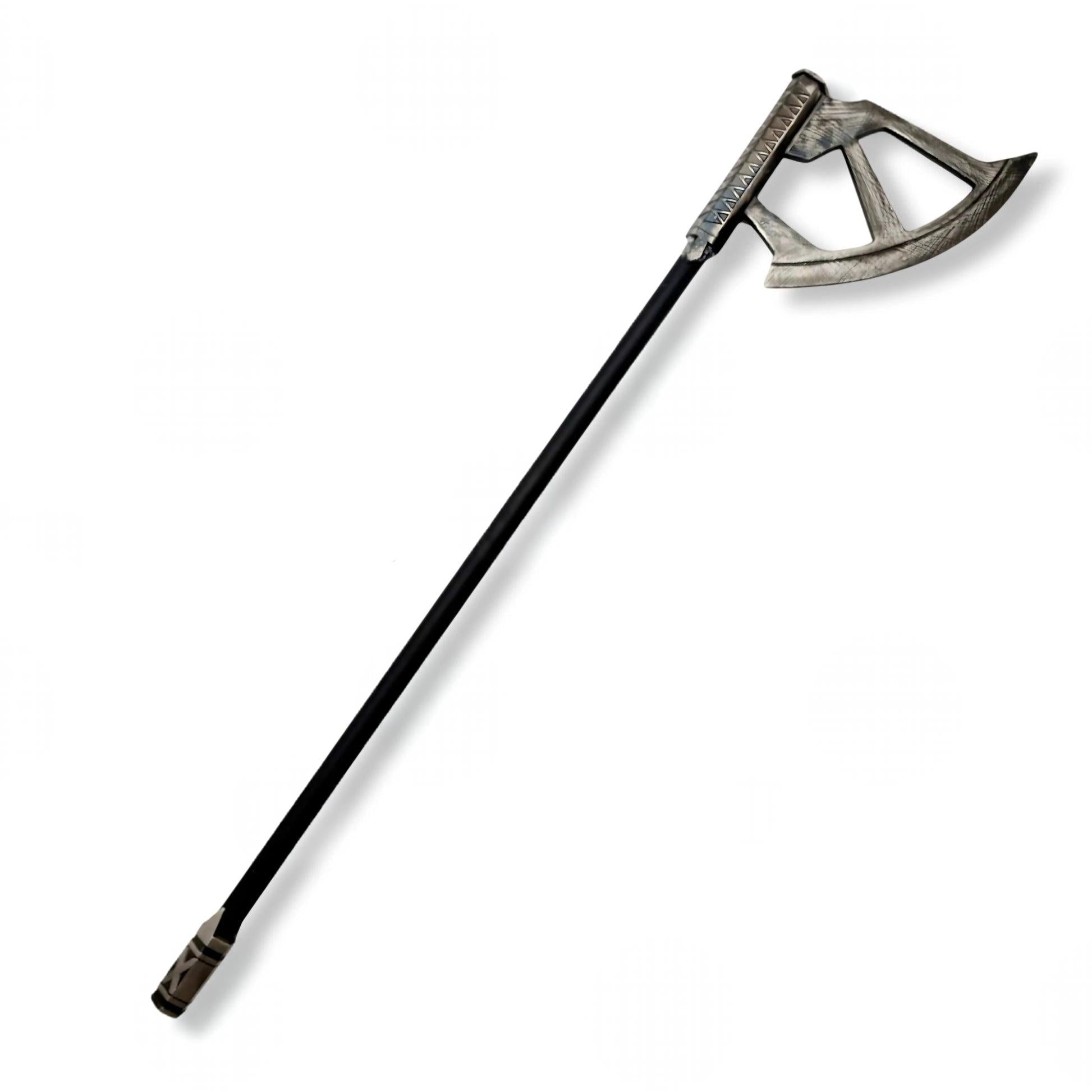 A long-handled axe with a dark handle and a weathered silver metal head, shown diagonally on a plain white background.