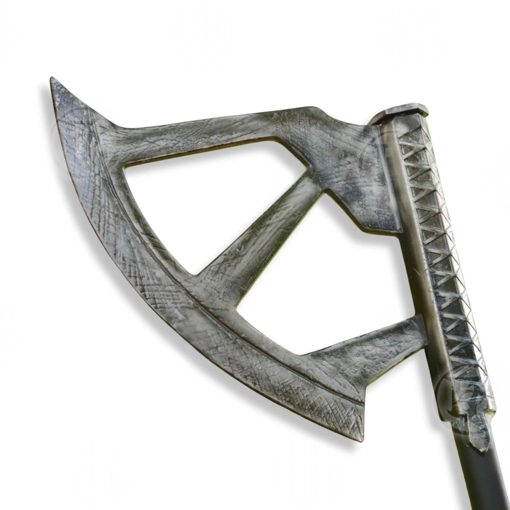 A close-up of a double-bladed axe or hatchet with weathered silver-gray metal heads and a dark handle, shown on a plain white background.