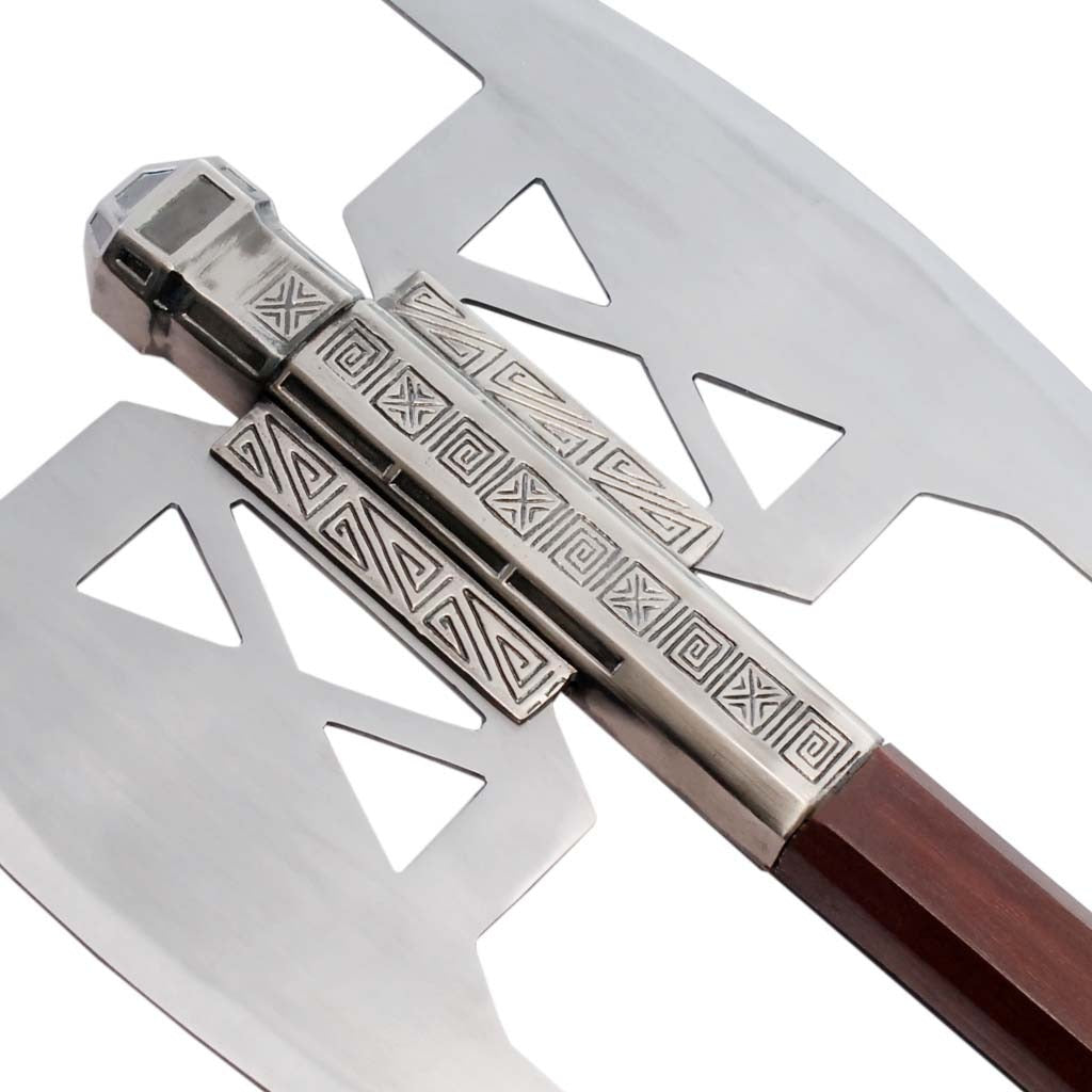 Gimli's double-bladed battle axe replica from The Lord of the Rings featuring a detailed fantasy design and engraved axe heads.