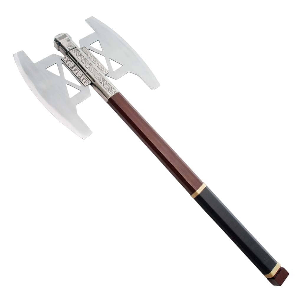 Gimli's double-bladed battle axe replica from The Lord of the Rings featuring a detailed fantasy design and engraved axe heads.
