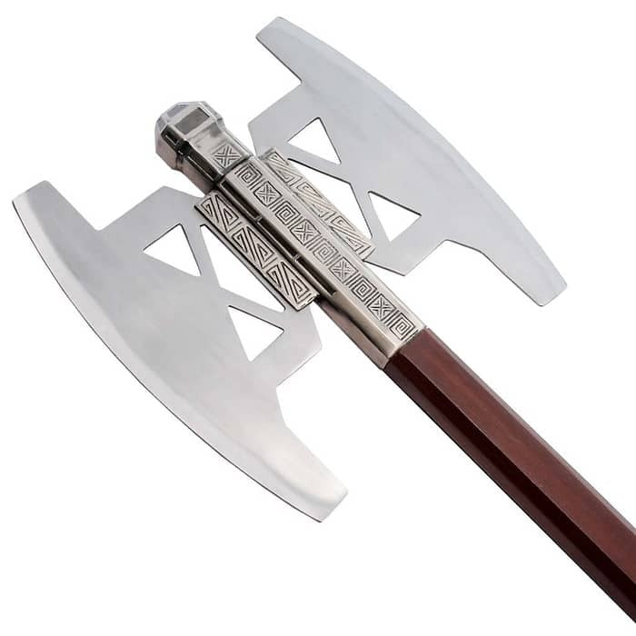 Gimli's double-bladed battle axe replica from The Lord of the Rings featuring a detailed fantasy design and engraved axe heads.