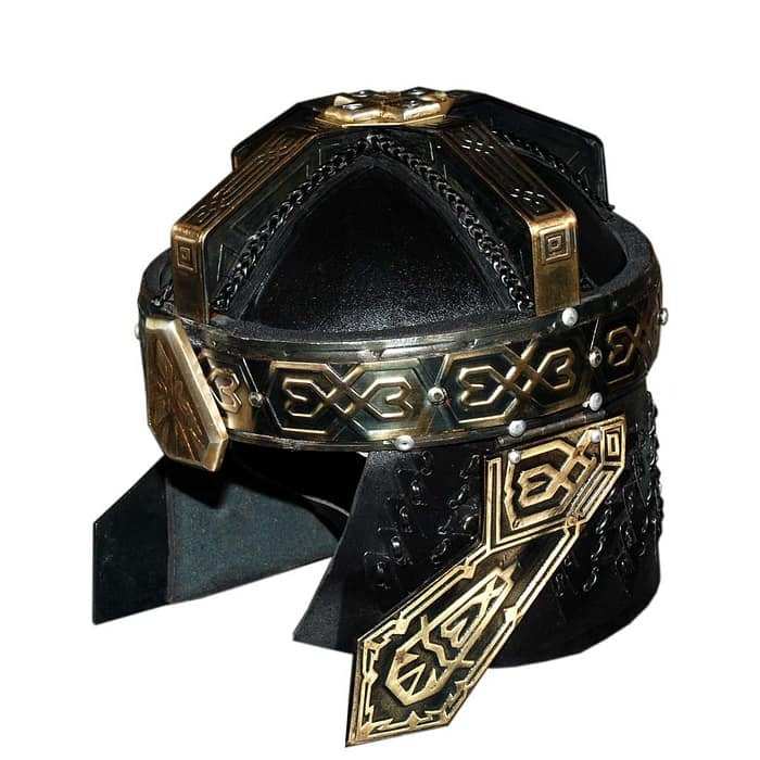 Gimli helmet replica from The Lord of the Rings featuring a detailed Dwarven design with an ornate metal finish.