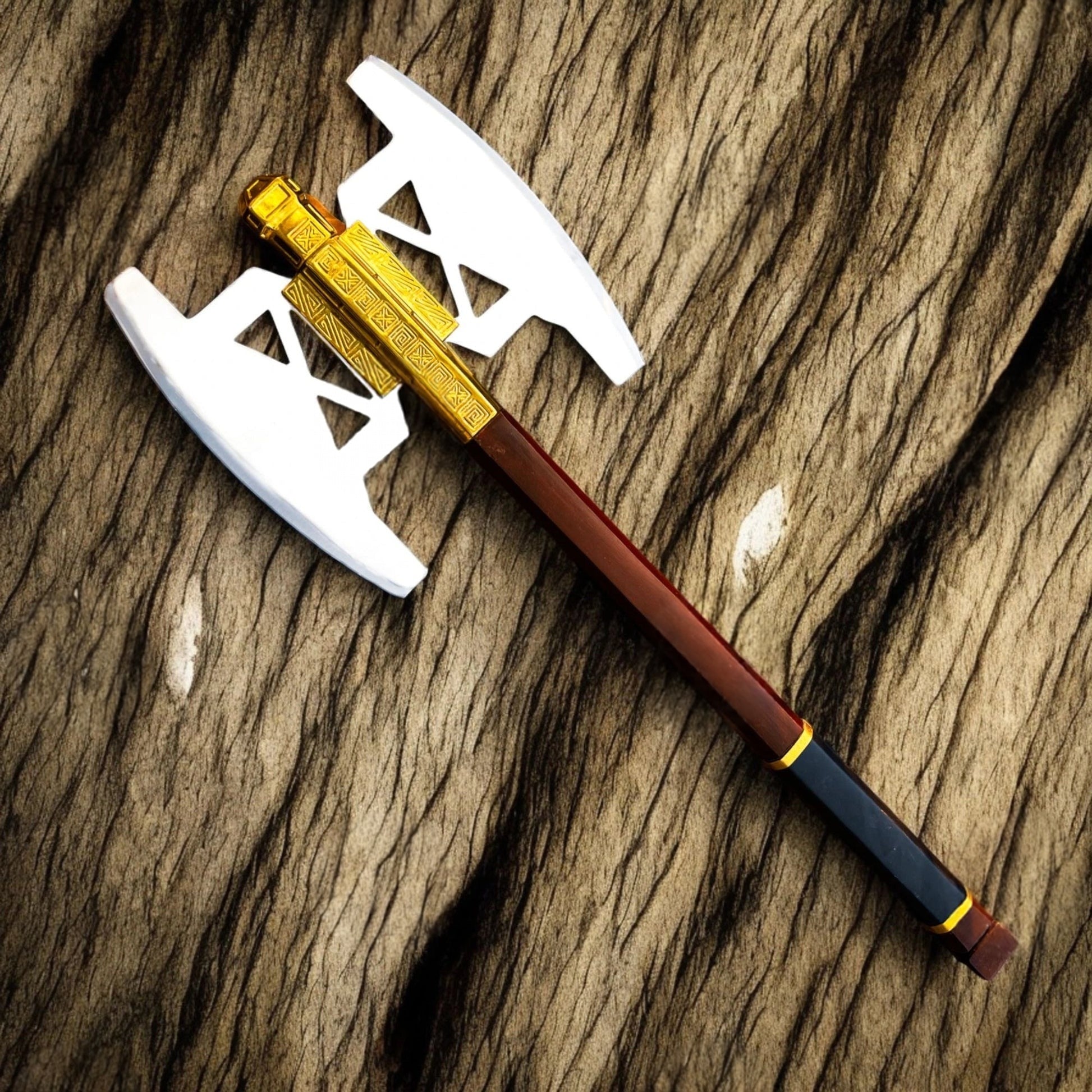 Gimli's double-bladed battle axe replica from The Lord of the Rings featuring a detailed fantasy design and engraved axe heads.