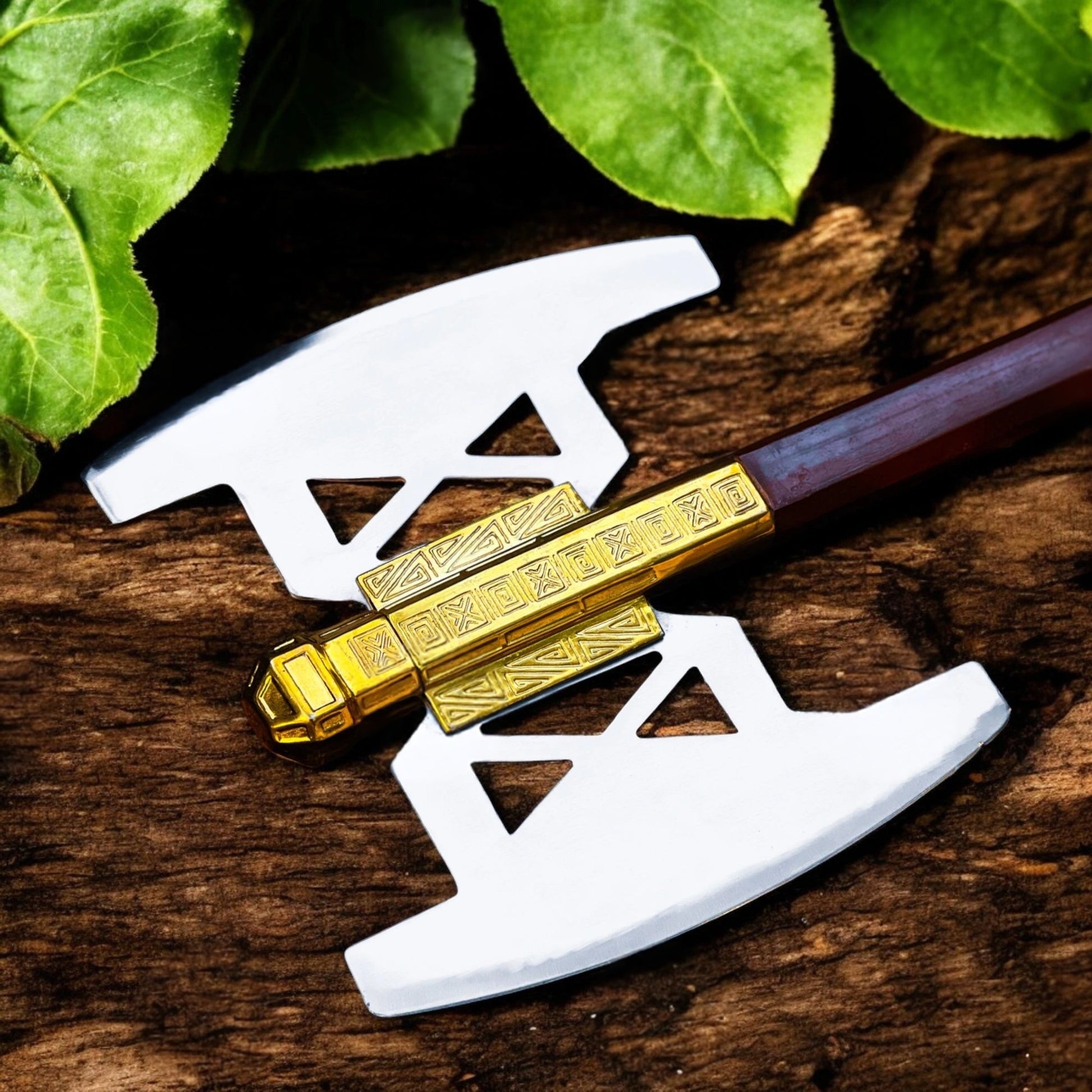 Gimli's double-bladed battle axe replica from The Lord of the Rings featuring a detailed fantasy design and engraved axe heads.