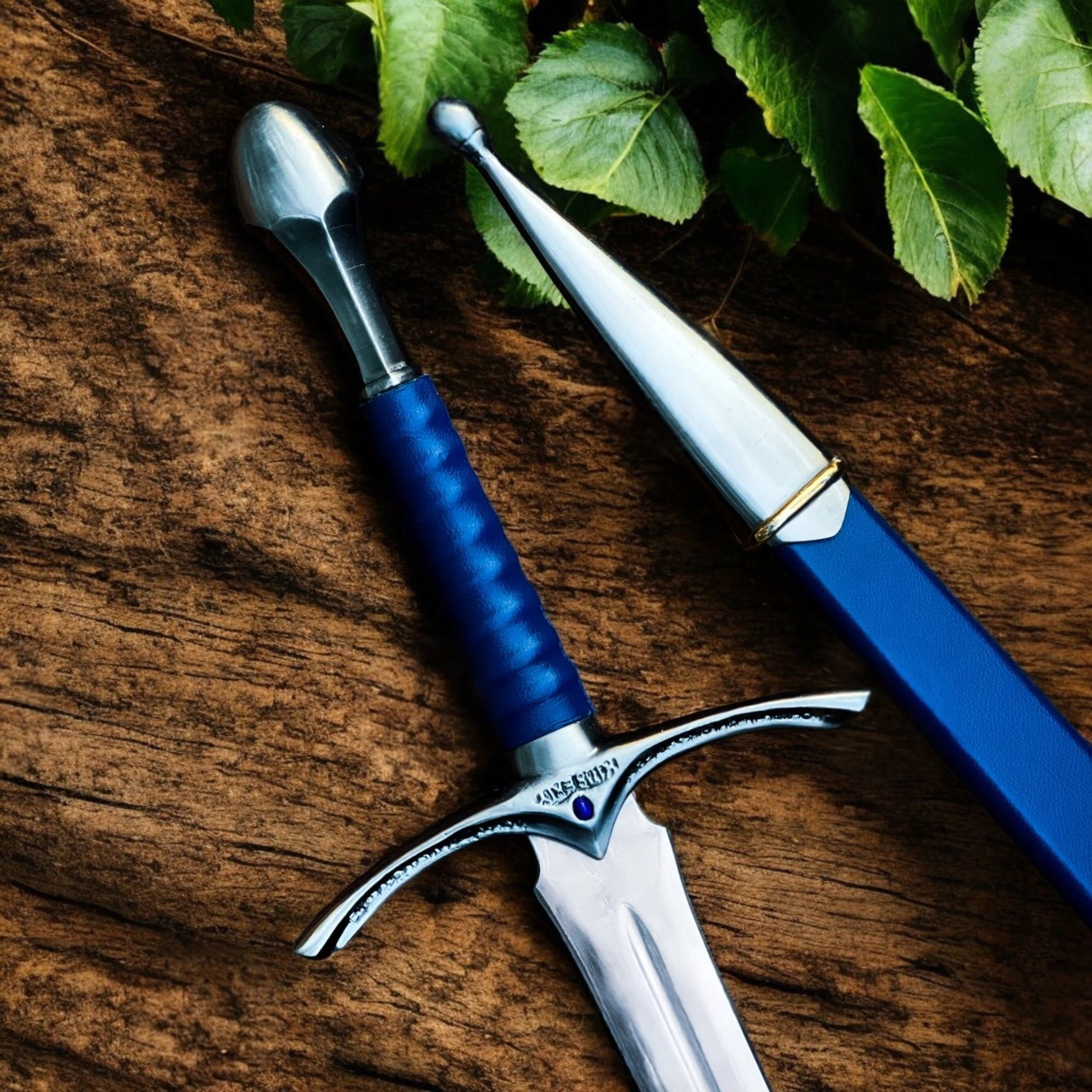Glamdring sword replica from The Lord of the Rings featuring Gandalf's engraved Elven blade and ornate silver hilt.