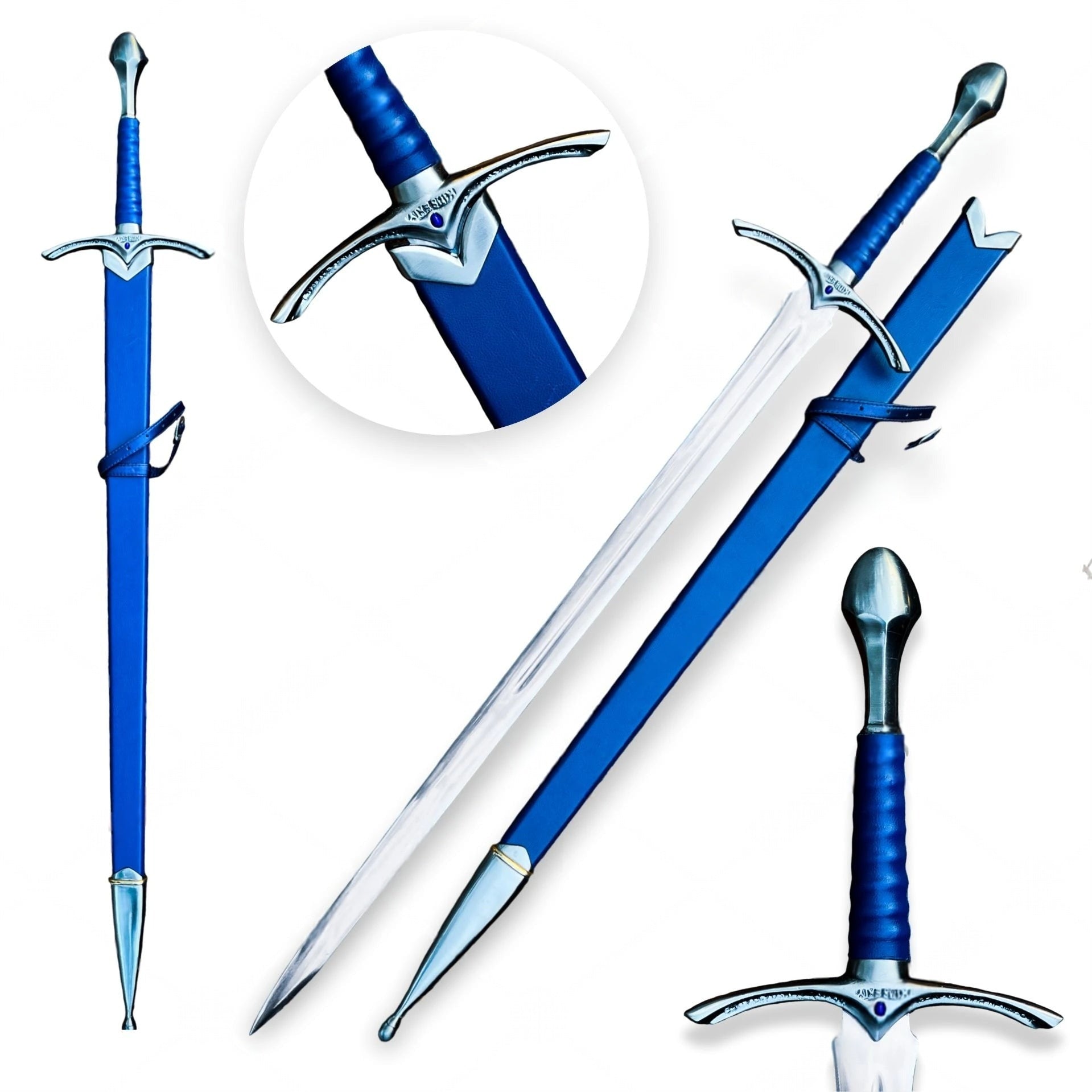 Glamdring sword replica from The Lord of the Rings featuring Gandalf's engraved Elven blade and ornate silver hilt.