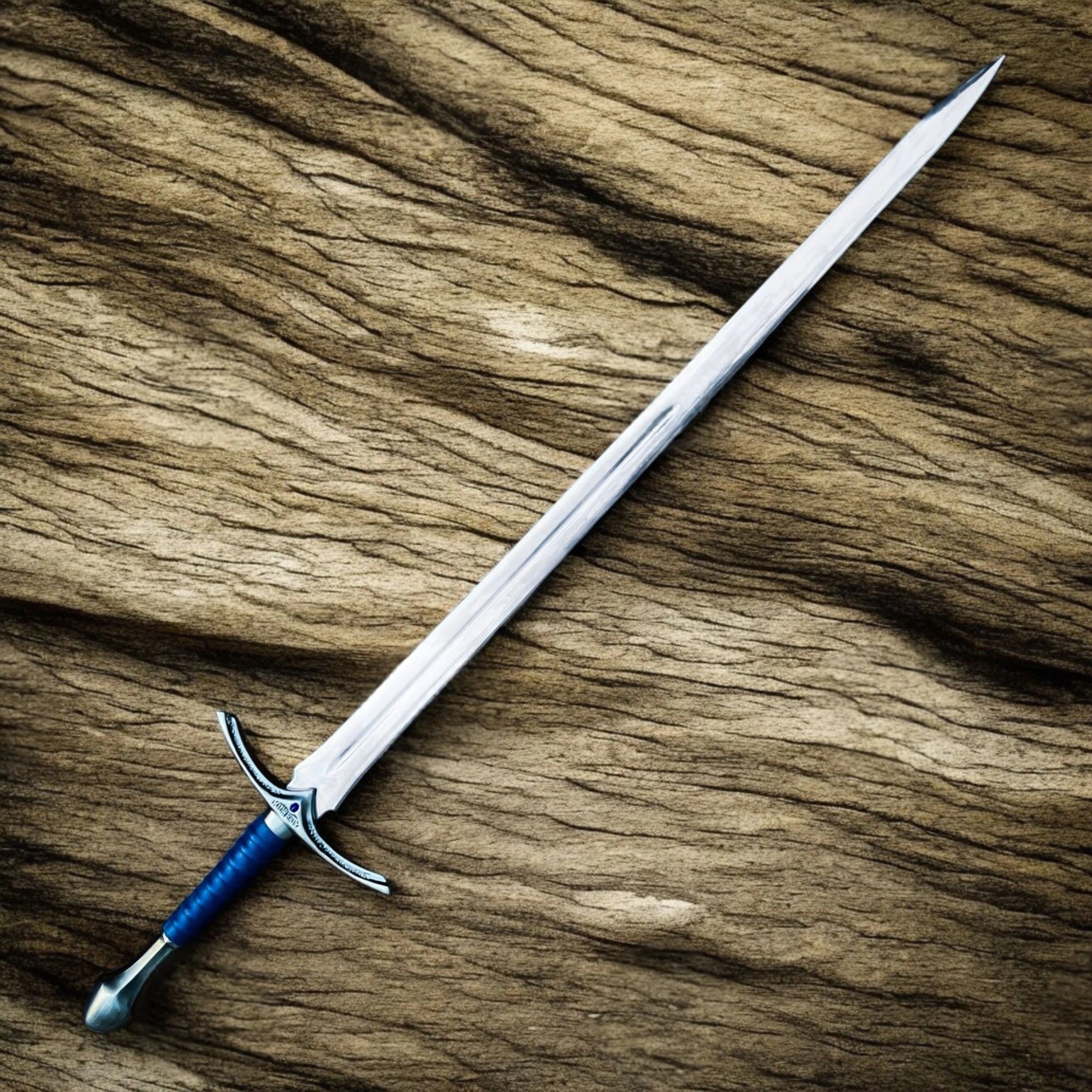 Glamdring sword replica from The Lord of the Rings featuring Gandalf's engraved Elven blade and ornate silver hilt.