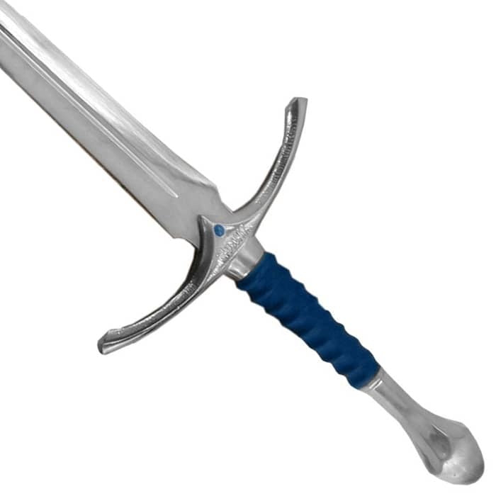 Glamdring sword replica from The Lord of the Rings featuring Gandalf's engraved Elven blade and ornate silver hilt.