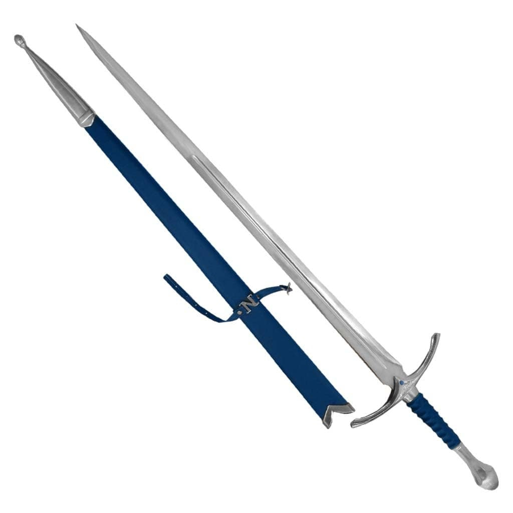 Glamdring sword replica from The Lord of the Rings featuring Gandalf's engraved Elven blade and ornate silver hilt.