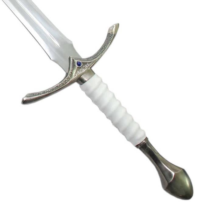 Glamdring sword replica from The Lord of the Rings featuring Gandalf's engraved Elven blade and ornate silver hilt.