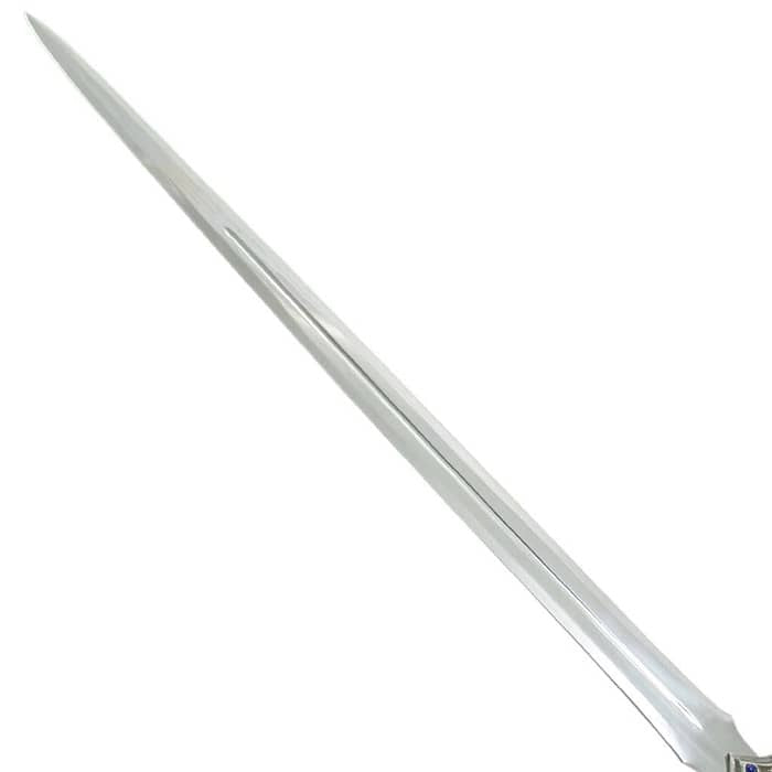 Glamdring sword replica from The Lord of the Rings featuring Gandalf's engraved Elven blade and ornate silver hilt.