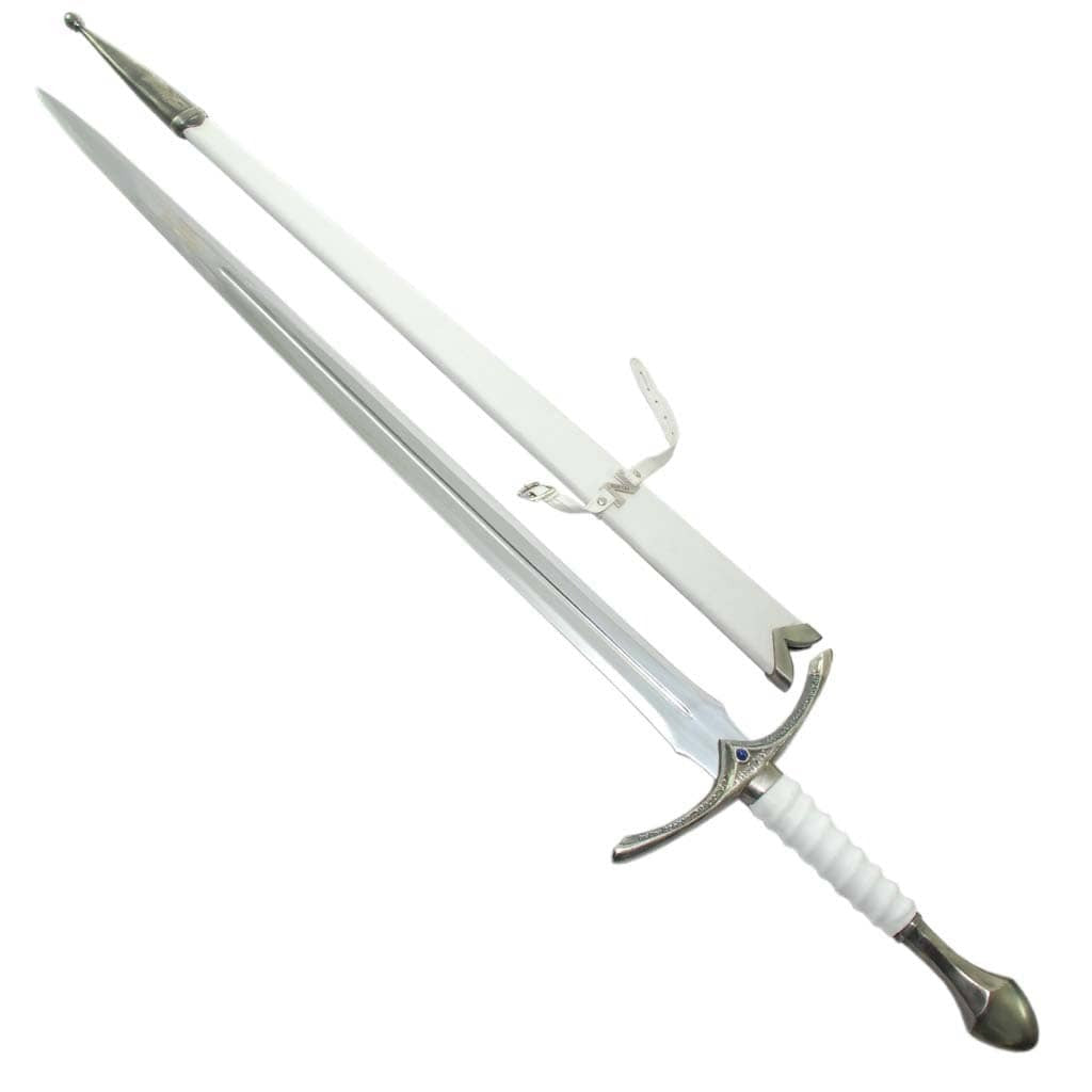 Glamdring sword replica from The Lord of the Rings featuring Gandalf's engraved Elven blade and ornate silver hilt.