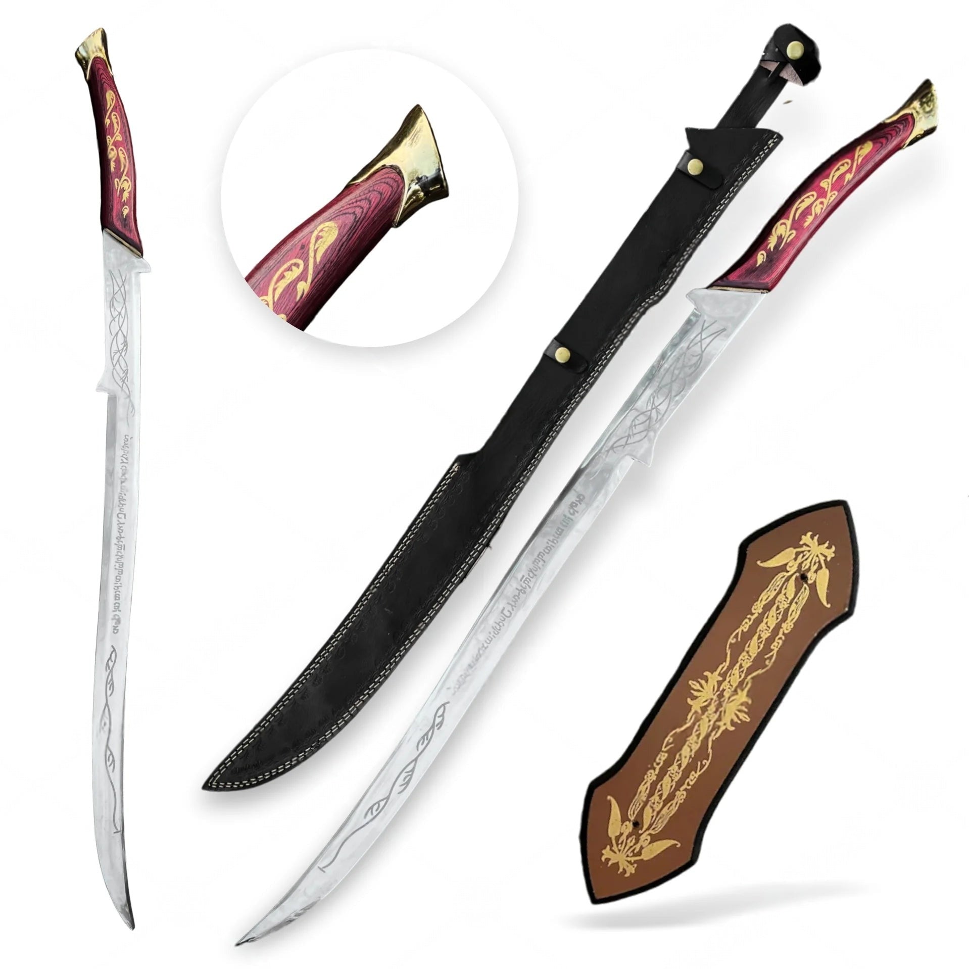 Arwen's Hadhafang sword replica from The Lord of the Rings featuring an elegant Elven-style blade with a display plaque.