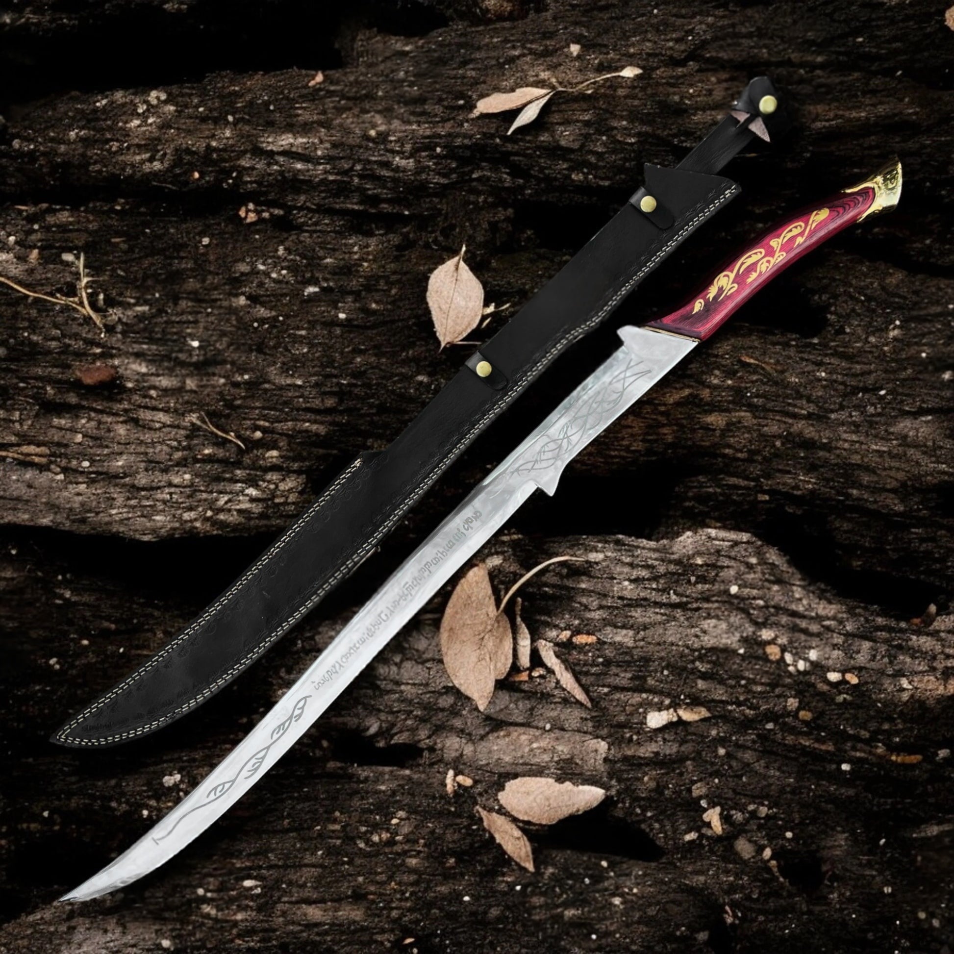 Arwen's Hadhafang sword replica from The Lord of the Rings featuring an elegant Elven-style blade with a display plaque.