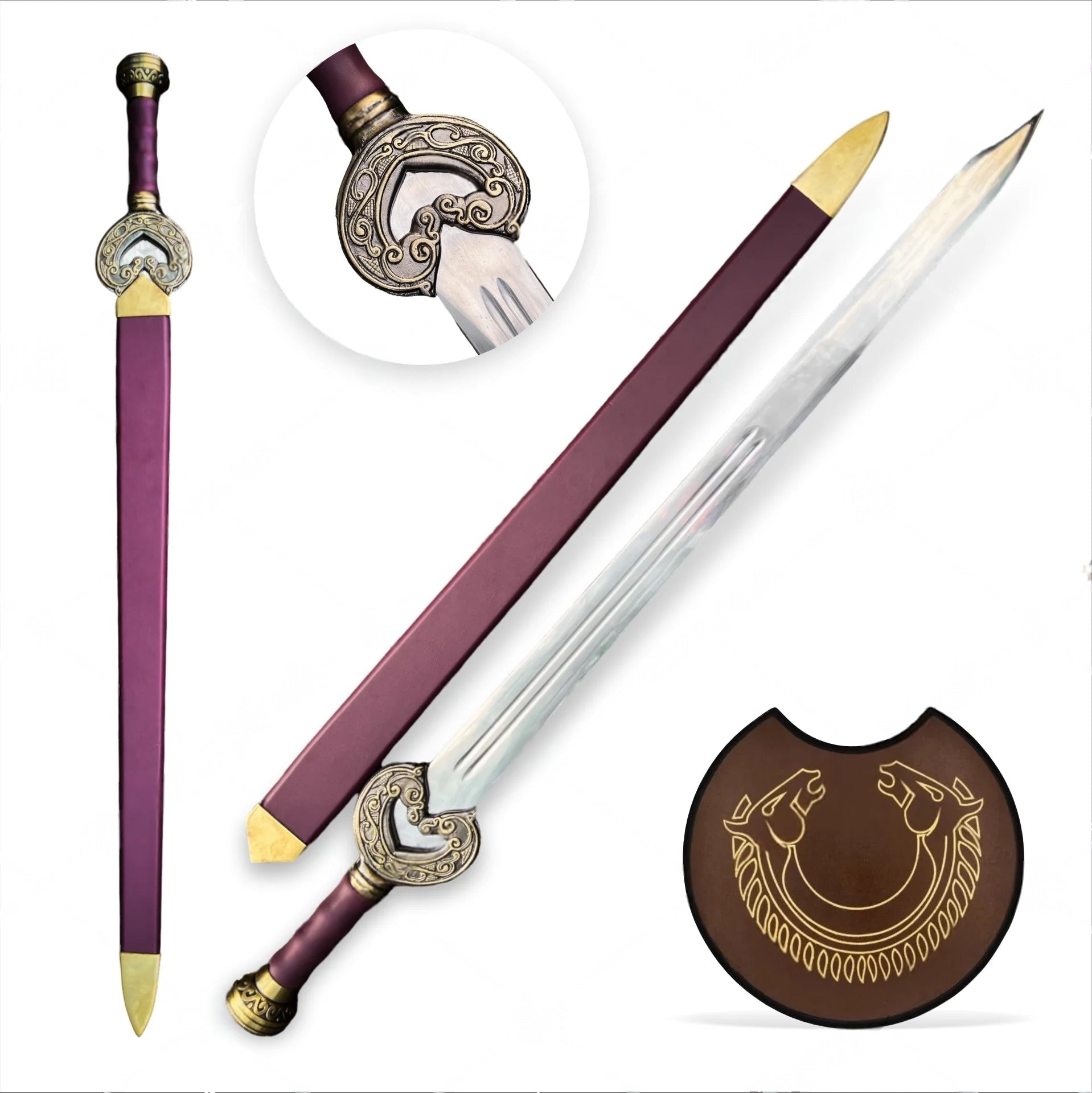 King Théoden's Herugrim movie sword replica from The Lord of the Rings featuring a detailed medieval-style blade and ornate hilt.