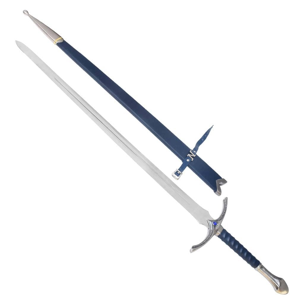 Glamdring sword replica from The Lord of the Rings featuring Gandalf's engraved Elven blade and ornate silver hilt.