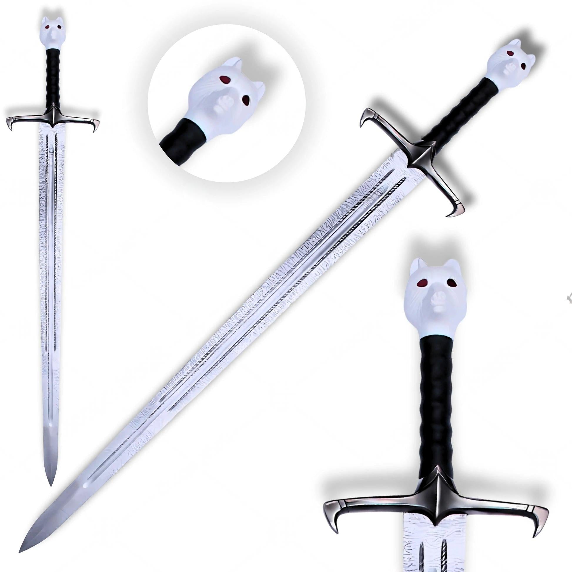 A toy or costume sword shown from multiple angles on a plain white background, with a circular inset highlighting the white cat-head pommel. The sword has a silver blade, black wrapped handle, and metallic silver guard and pommel details.