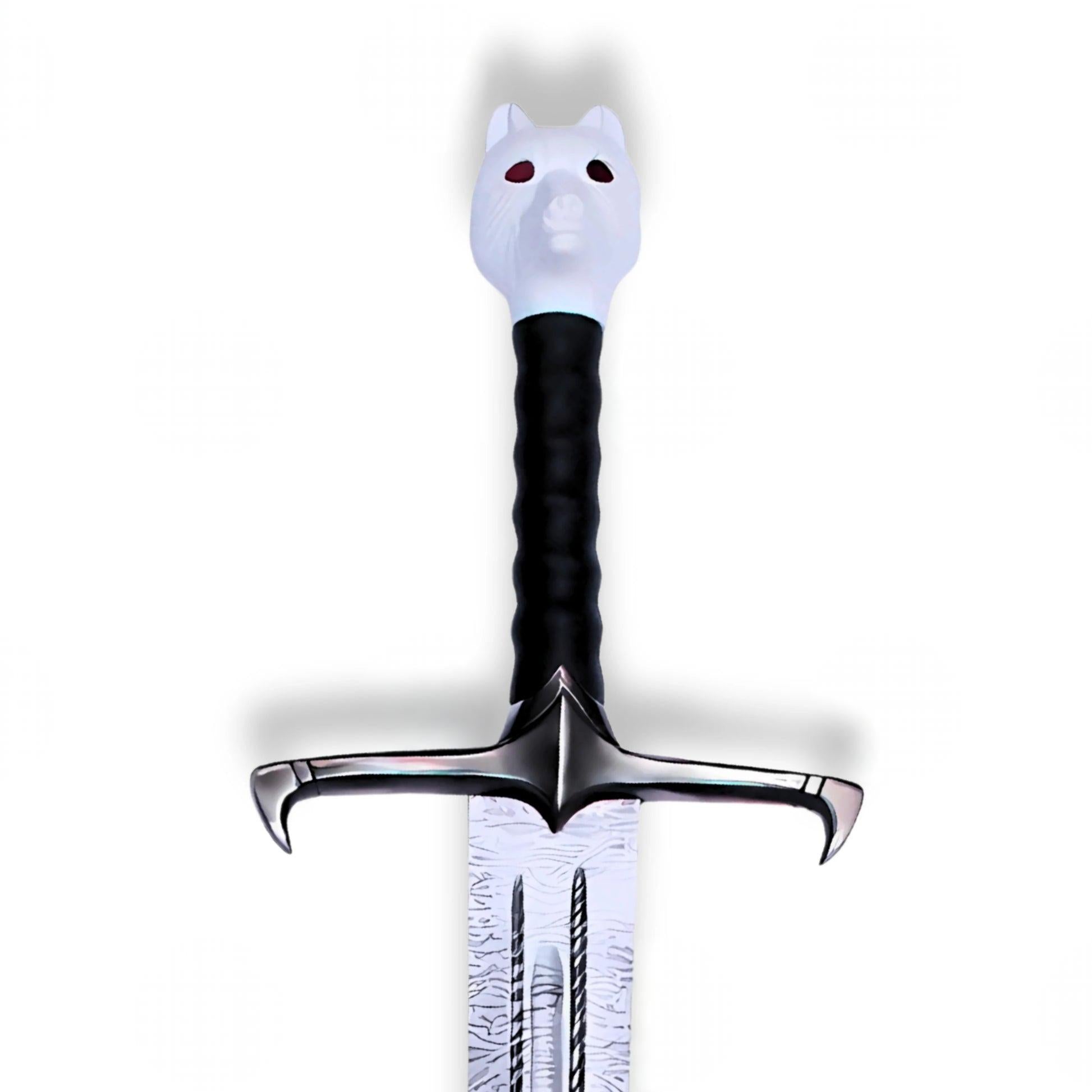 A decorative sword with a white wolf head pommel, a black wrapped grip, and a silver crossguard and blade, shown against a plain white background.
